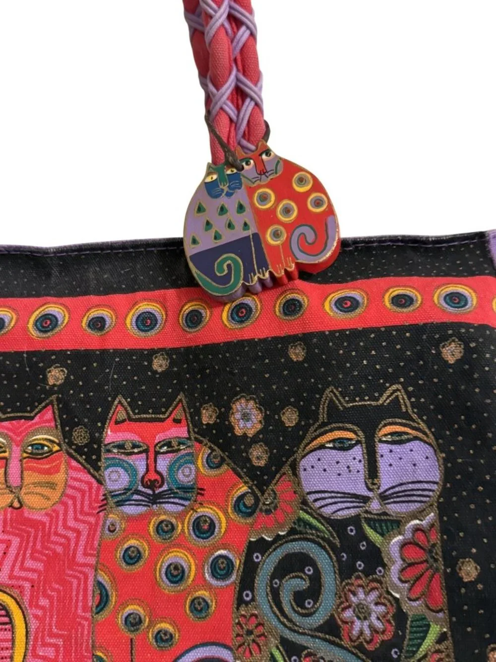 Laurel Burch Cat-Themed Canvas Tote Bag With Vibrant Multicolor Design & Woven H